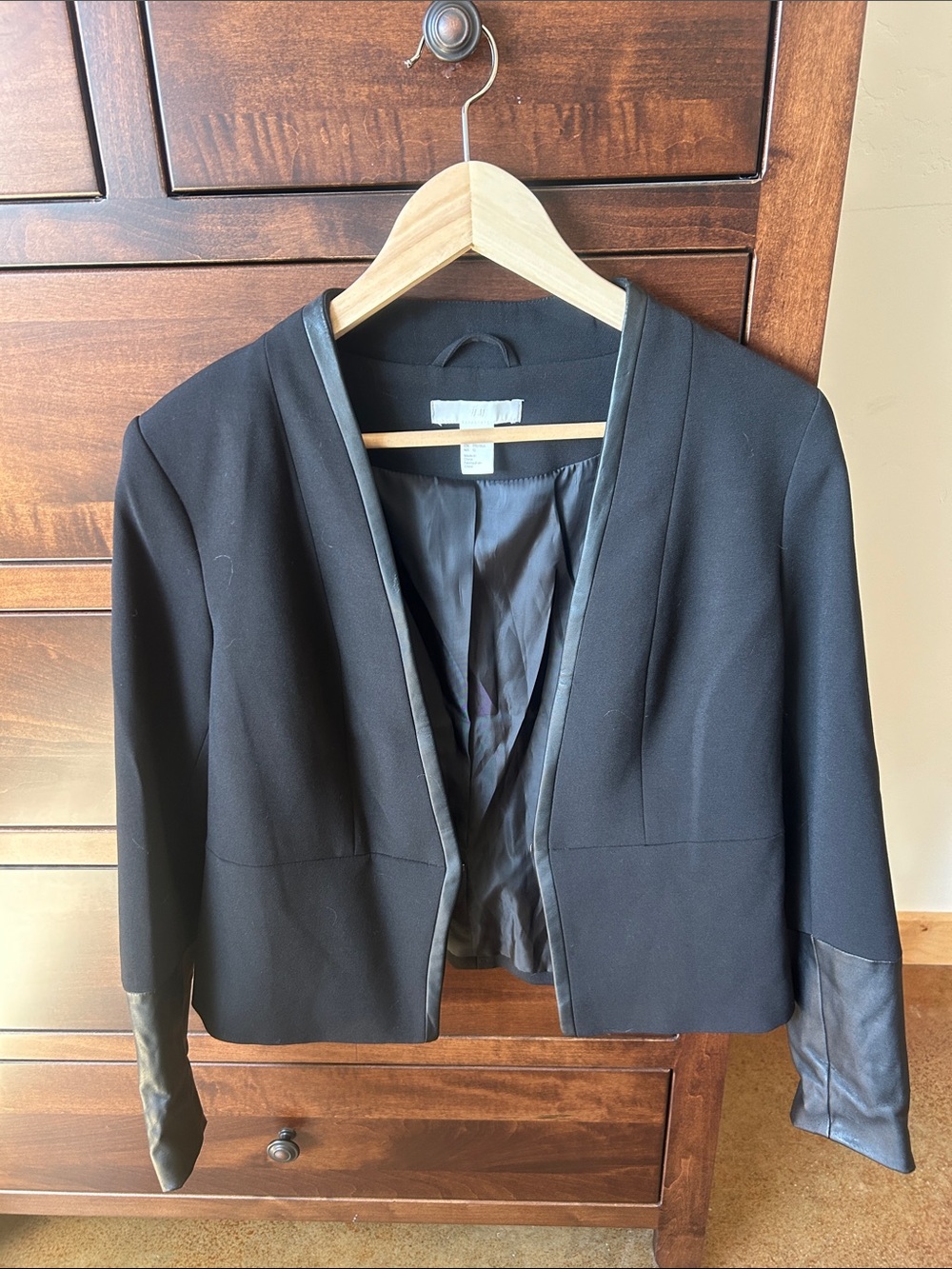 H&M Black Open-Front Blazer with Faux Leather Accents